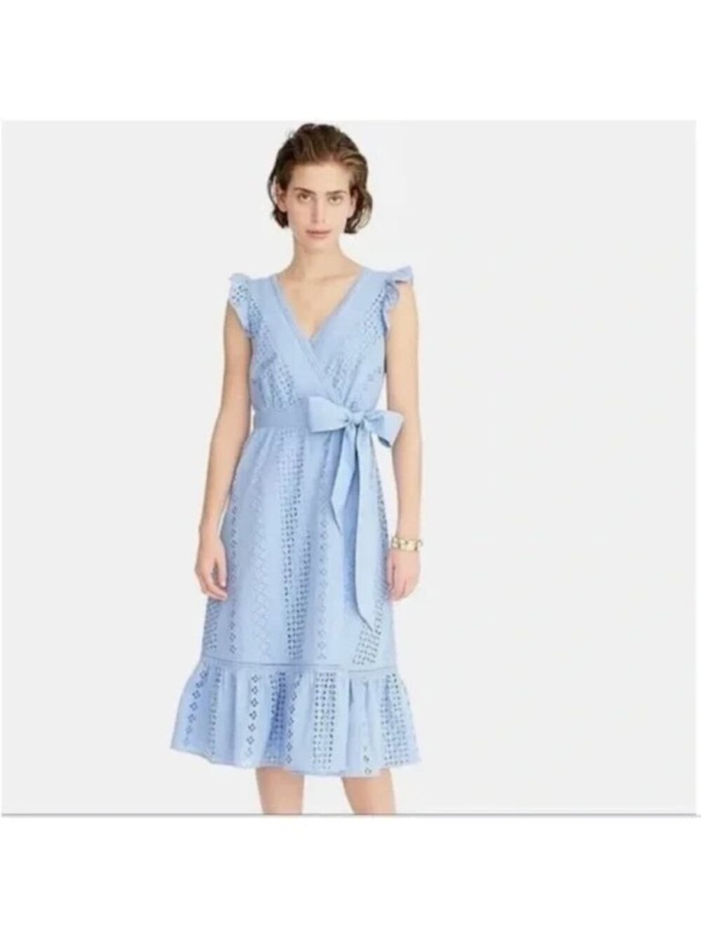 NEW J. Crew Blue All over Eyelet Wrap Midi Dress Flutter Slv lined womens sz 18 - Picture 10 of 16